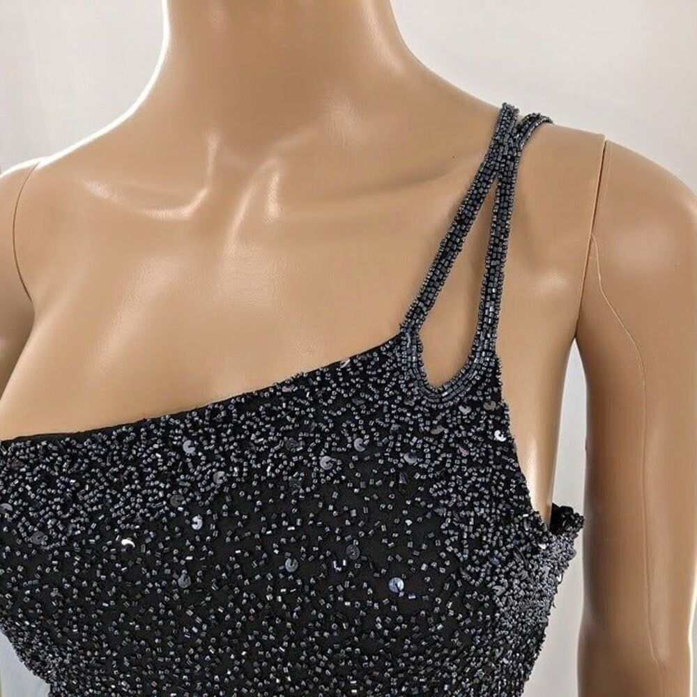 Vintage 90s Scala Silk Gown Black Beaded Sequins Off Shoulder Siren Size M - Picture 10 of 12